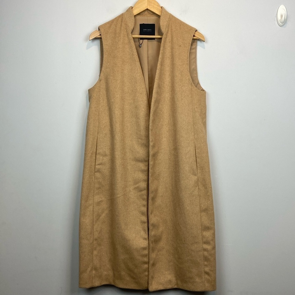 Zara • camel sleeveless wool blend vest jacket pea coat